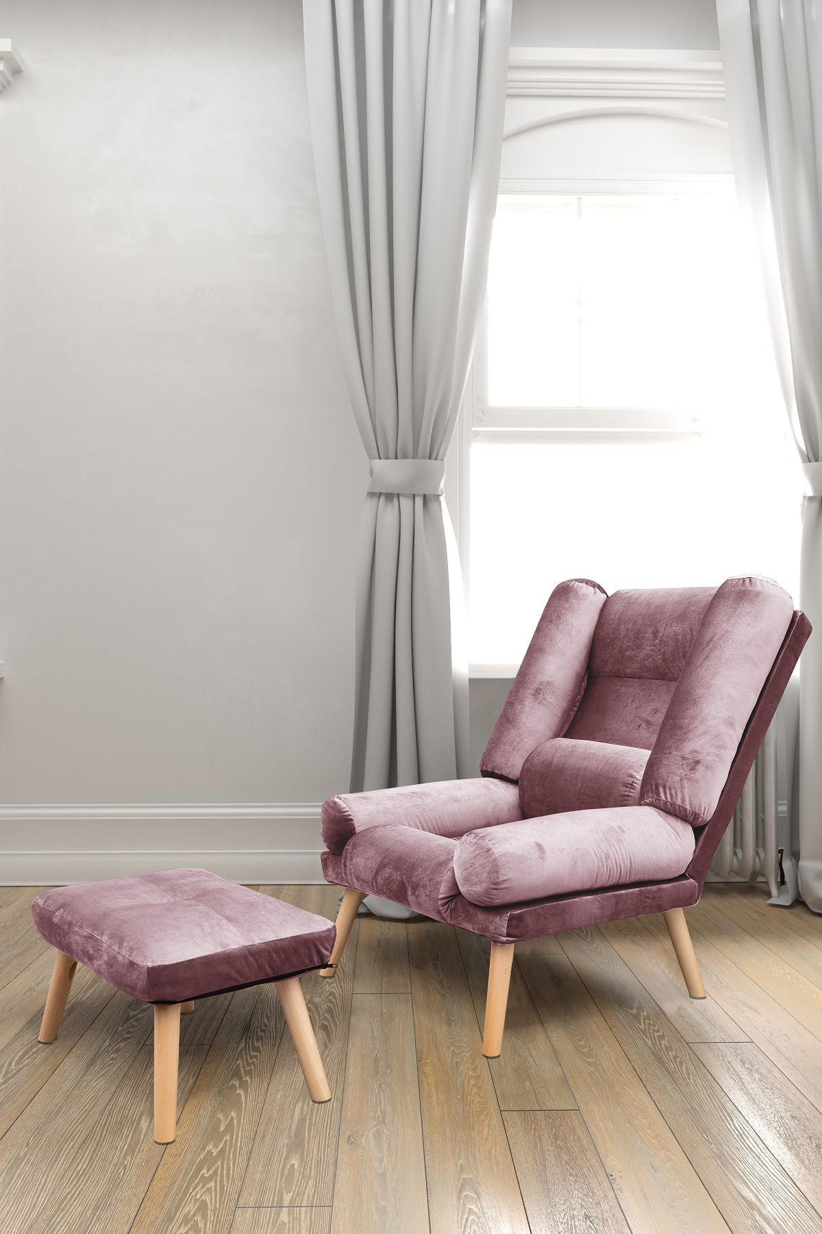 SESSEL Lola mit Fußhocker Rückenlehne 5-stufig einstellbar, rosa - Rosa, Holz/Kunststoff (75/100/60cm) - Margaret Hadas24