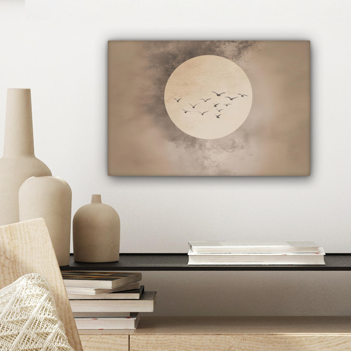 LEINWANDBILD Vogel - Beige - Japanisch 30x20 cm - Taupe, Textil (30/20cm) - MuchoWow