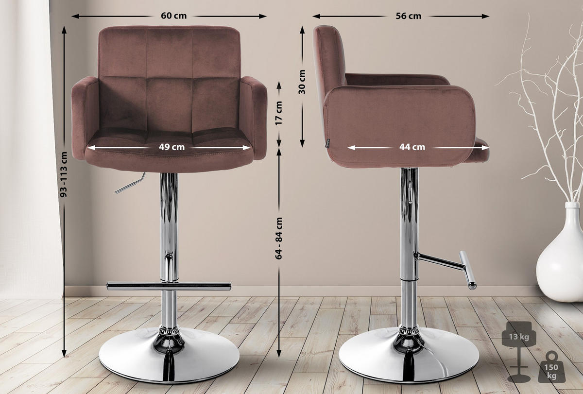 BARHOCKER Samt Braun - Chromfarben/Braun, Textil/Metall (60/93/56cm) - CLP