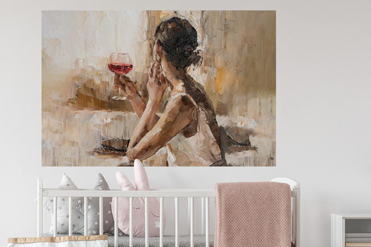 WANDTATTOO Ölgemälde - Frau - Wein 120x80 cm - Hellbraun, Kunststoff (120/80/0.1cm) - MuchoWow