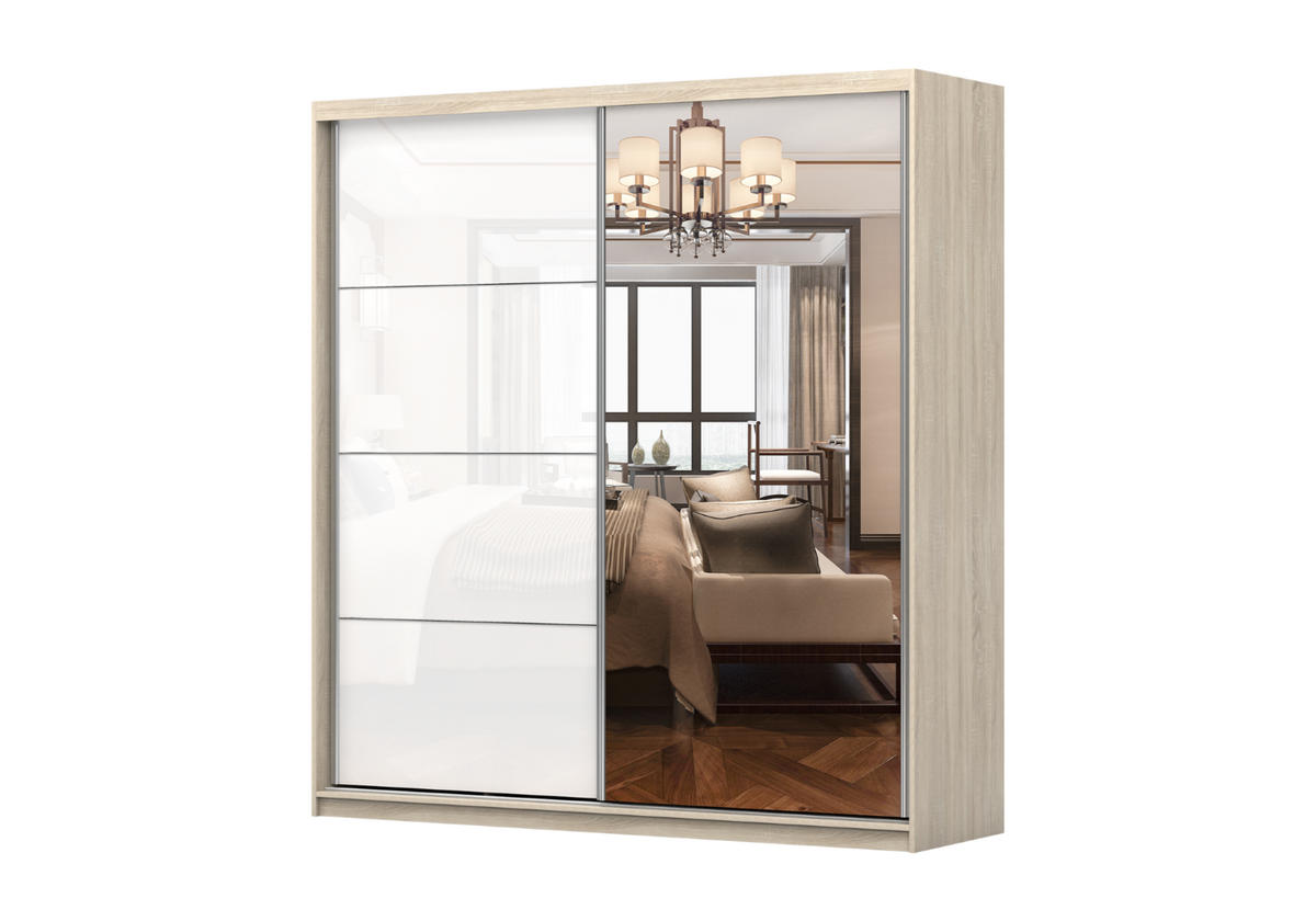 SCHWEBETÜRENSCHRANK 203/218/61 cm 2-türig Pola 35 Sonoma Eiche/Weiß Semigloss - Weiß Hochglanz/Alufarben, Glas/Holzwerkstoff (203/218/61cm)