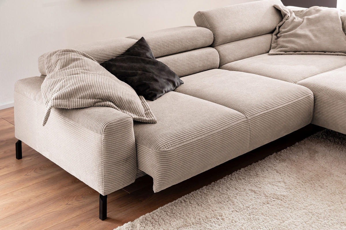 ECKSOFA MIT MOTORISCHEM SITZVORZUG DELIA Taupe Cord - Taupe/Schwarz, Textil/Metall (312/219cm) - KAWOLA