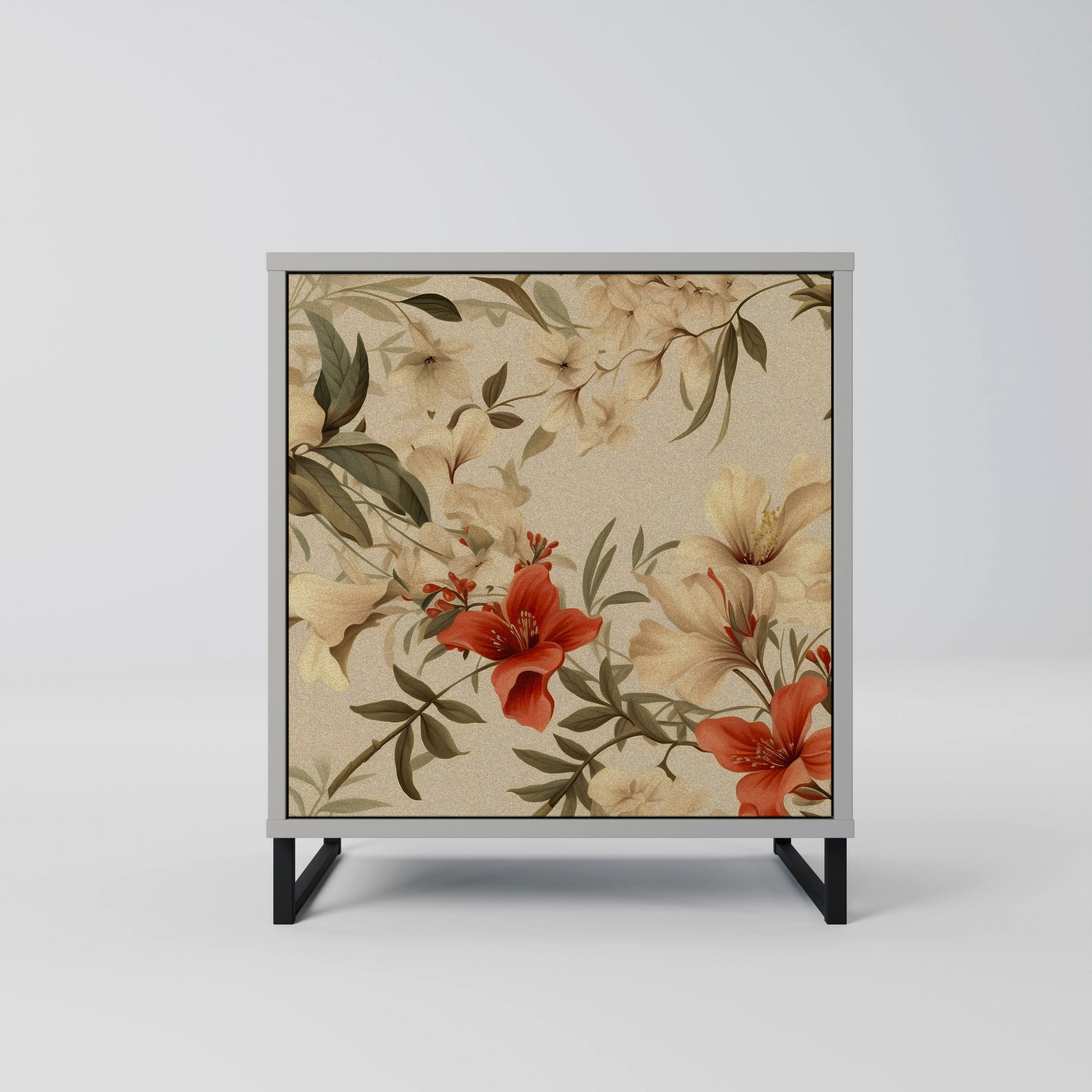 SIDEBOARD BLOOMING HARMONY, Grau, 57,5x42x67,5 cm, Schwarze Metall-Rahmenfüße - Multicolor/Schwarz, Holzwerkstoff/Metall (57.5/67.5/42cm) - SpaceRebels
