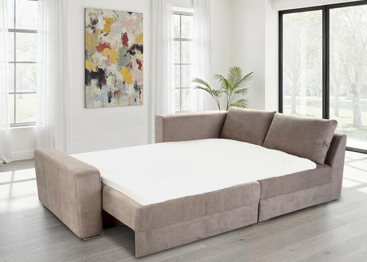 ECKSOFA-DAUERSCHLÄFER Boxspring Federkern Topper Bettkasten, seitenverkehrt montierbar B260/T181/H88 cm, Mikrofaser in Hellbraun / 15108 - Hellbraun/Chromfarben, Textil/Metall (260/181cm) - luma-home