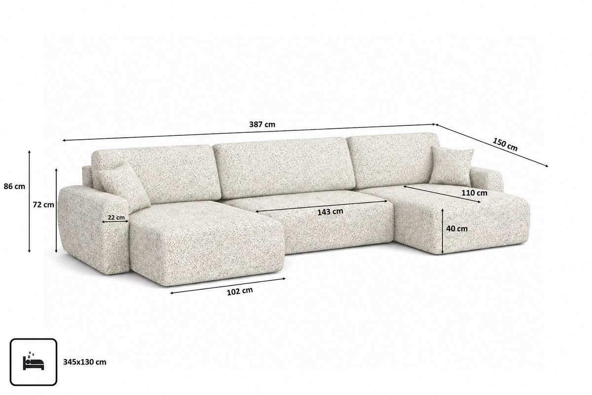 ECKSOFA Mit Schlaffunktion Und Bettkasten U-Form Ariel U XL, Chenille-Stoff Artico, Nata - Beige, Holz (387/142cm) - Kaiser Möbel