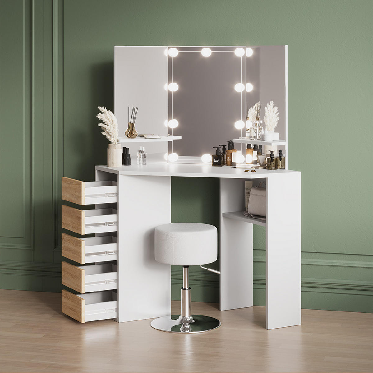 ECKSCHMINKTISCH Enna Weiß/Sonoma 110 cm mit LED Beleuchtung - Weiß/Sonoma Eiche, Holzwerkstoff (110/141.5/54cm) - Livinity®