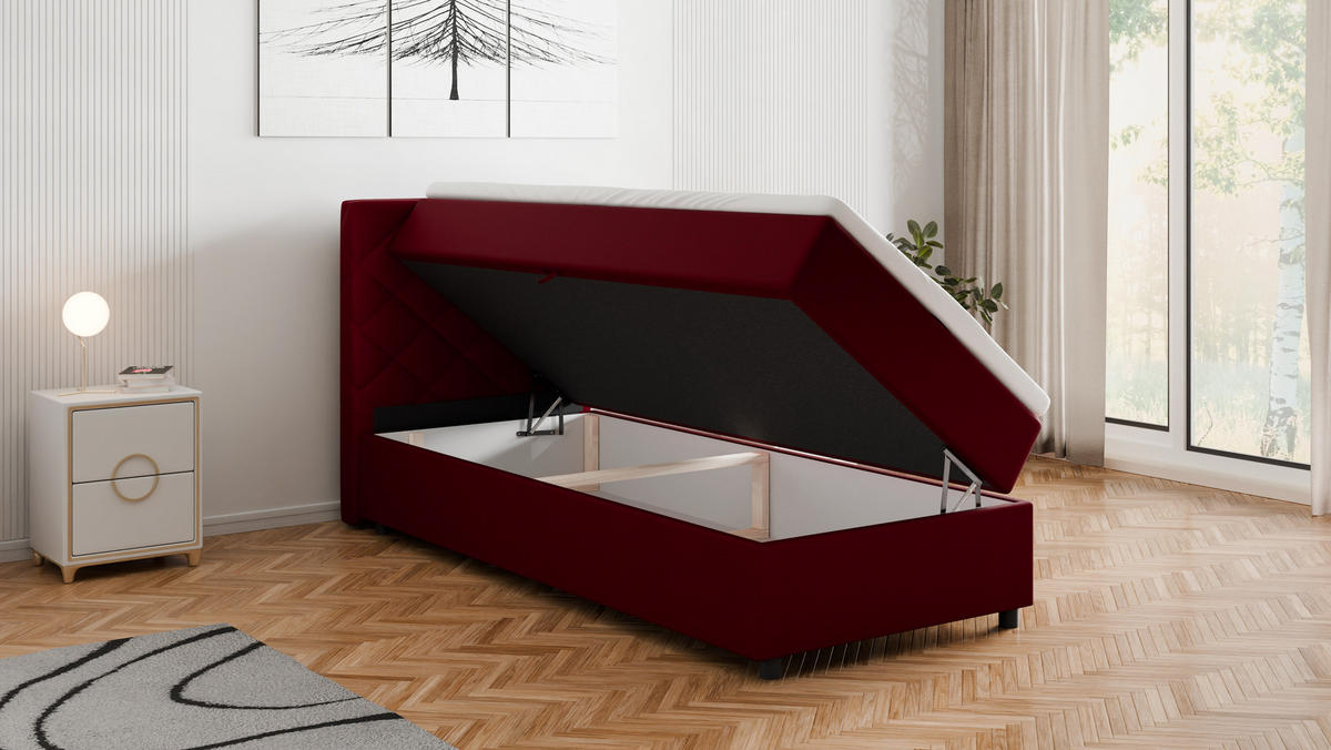 BOXBETT Diamaro 90x200 cm mit Bettkasten und Topper - Rot - Rot, Holz (96/215cm) - Panda Möbel