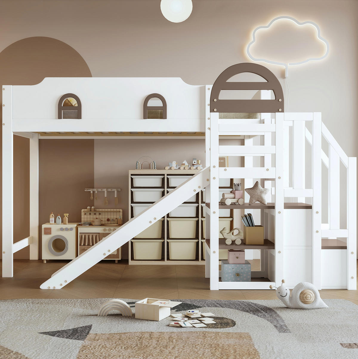 ETAGENBETT 90/200 cm in Weiß mit Rutsche, Stauraumtreppe und Fenstern - Weiß, Holzwerkstoff (90/200cm) - OKMYHOME