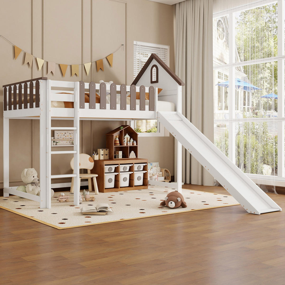 HAUSBETT 90/200 cm Weiß/Walnuss aus Kiefernholz und MDF mit Rutsche - Weiß, Holzwerkstoff (90/200cm) - OKMYHOME