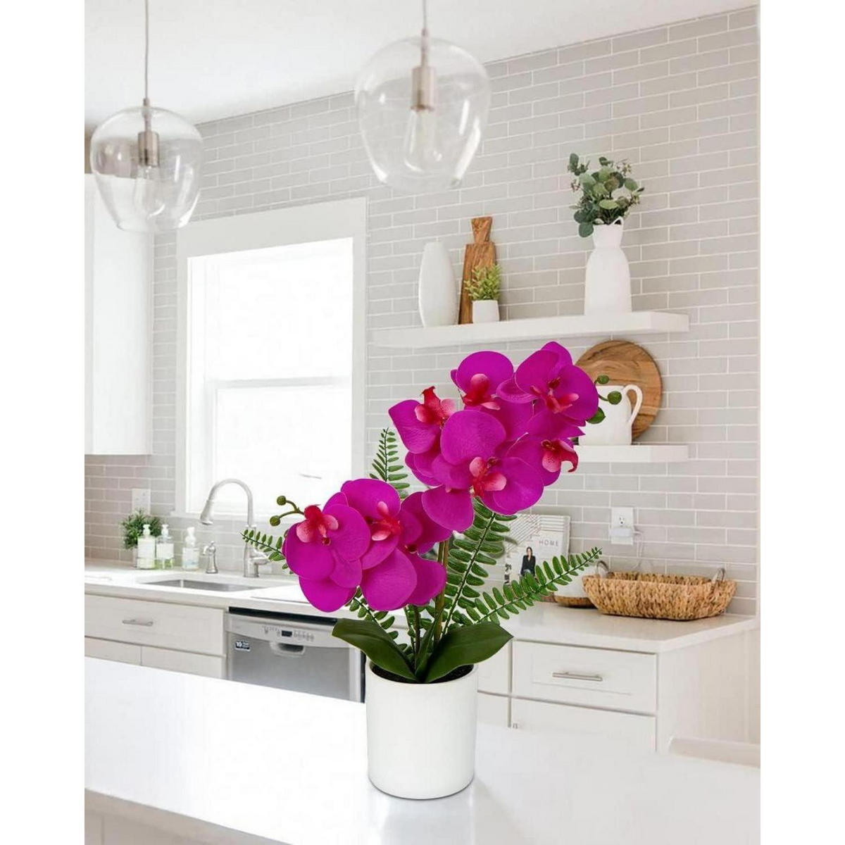 KUNSTBLUME Orchidee Phalaenopsis mit 2 Stielen 40.5 cm Weiß Rosa Violett - Pink, Kunststoff (38.1cm)