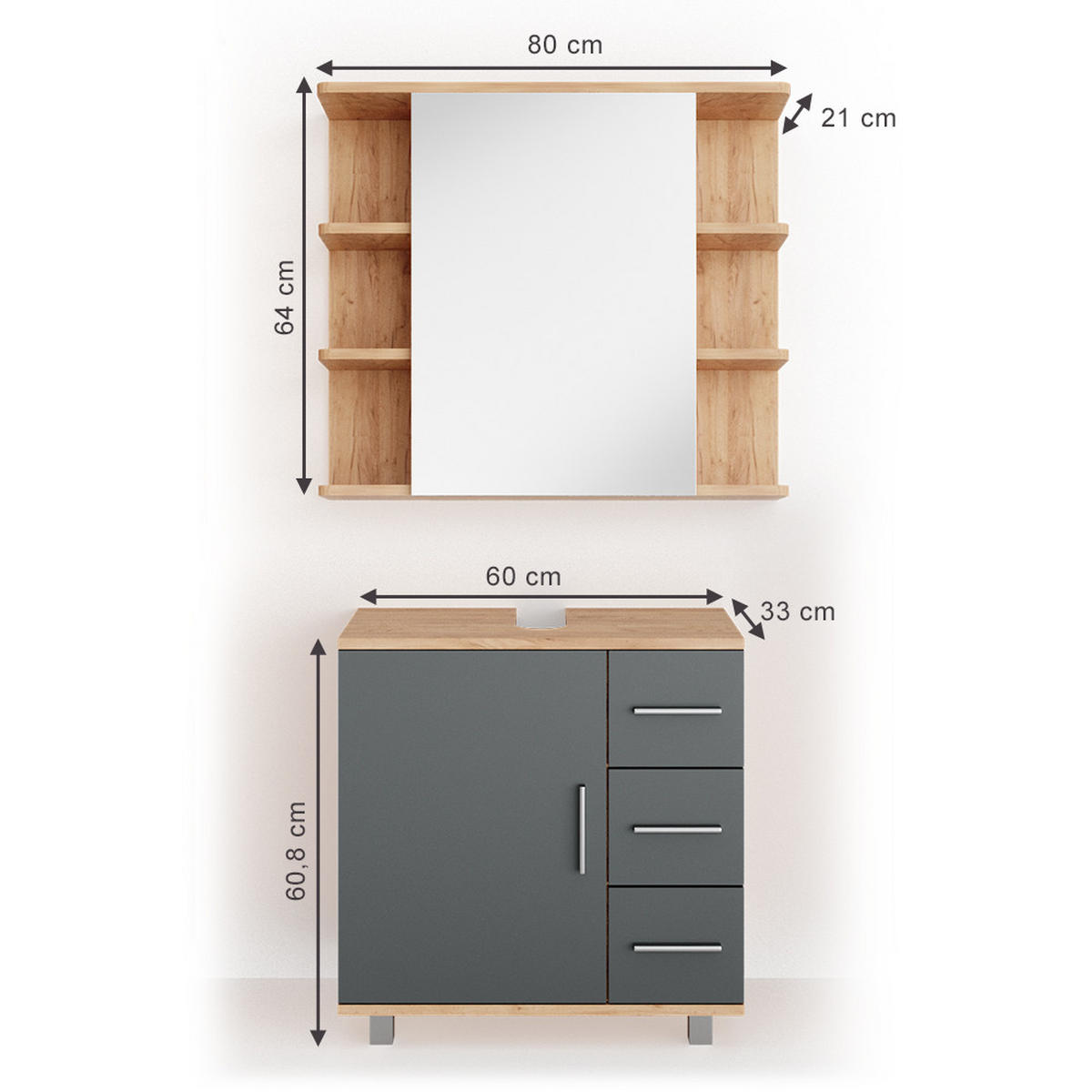 BADMÖBEL-SET Ilias Eiche 2 Teile - Eichefarben/Anthrazit, Holzwerkstoff (60/60.8/33cm) - Vicco