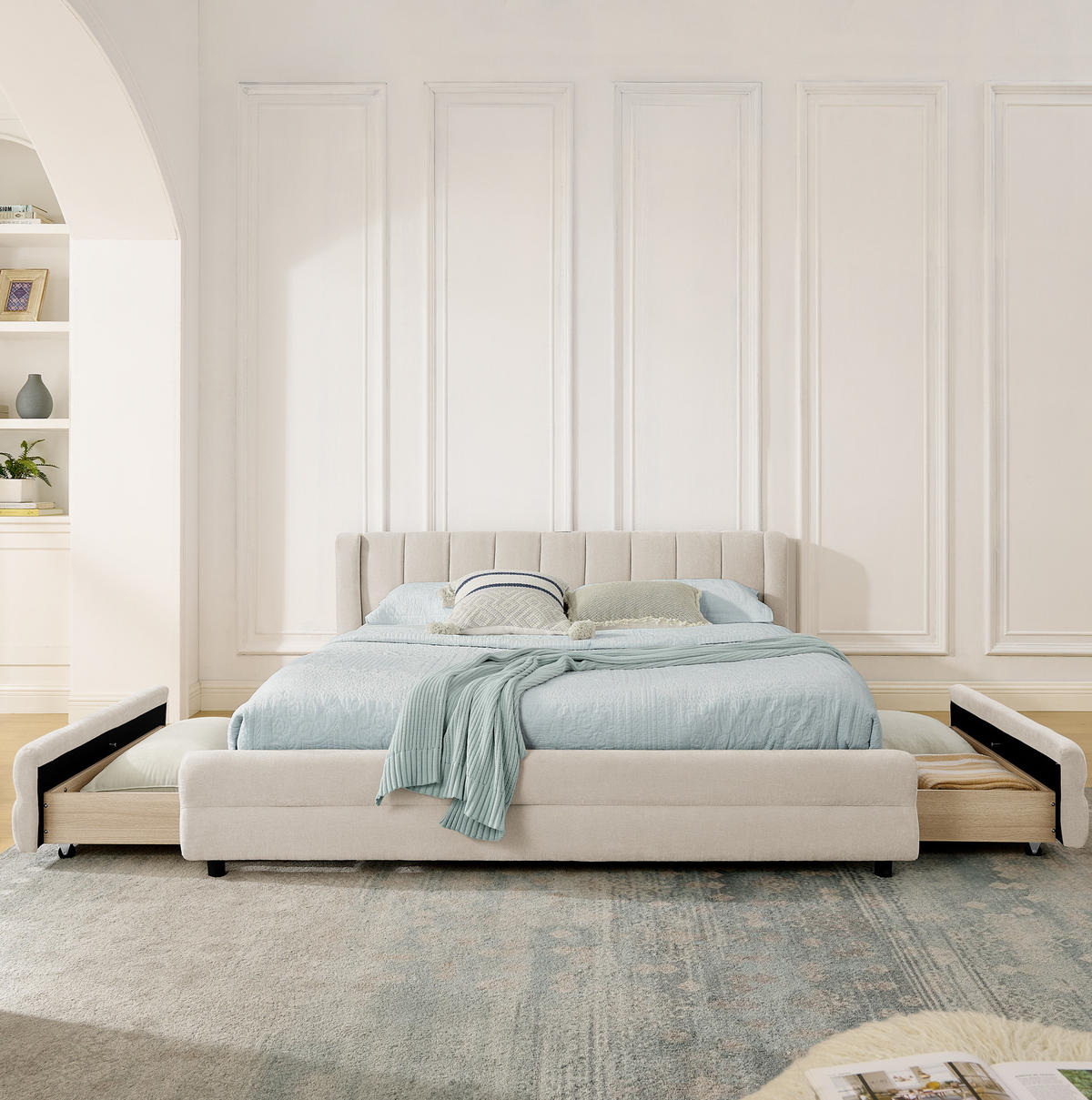 BETT mit 4 Schubladen und USB 140x200 cm Chenille Beige - Beige, Holz (140/200cm) - Meubliv