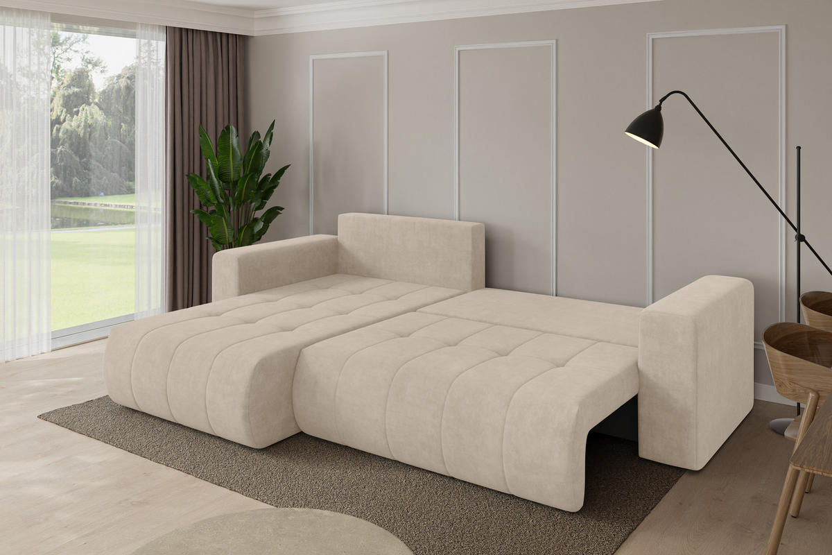 ROHOVÁ SEDAČKA s funkcí spaní, otoman vlevo MILA-L 277x194x86 béžová velur - černá/Sahara, kompozitní dřevo/textil (277/194cm) - ALTDECOR
