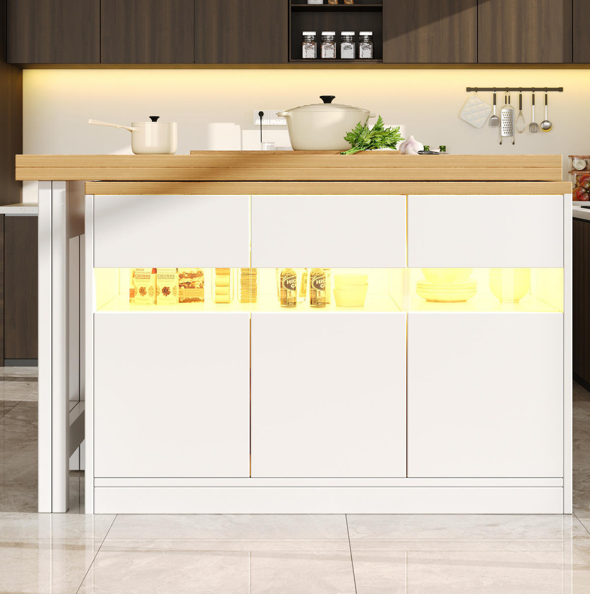 BARTISCH ausziehbar mit LED-Lichtleiste & Stauraum, 120-180/40/71,5 cm, Weiß - Weiß, Holzwerkstoff (40/71.5/107cm) - Redom