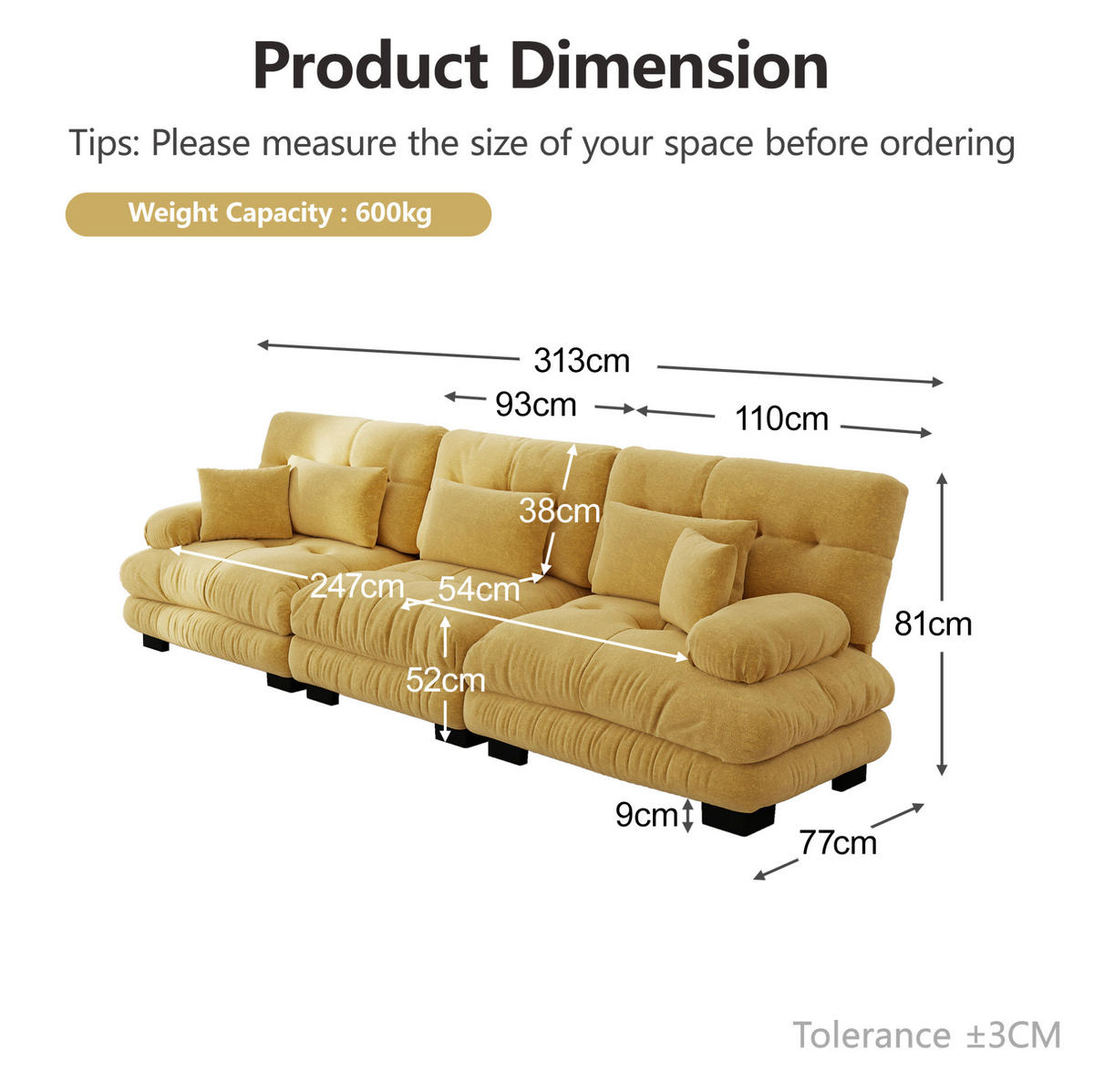 ECKSOFA 313/77/81 cm gmodular gelb aus Chenille mit Tiefensitz und Rundarmlehnen - Gelb, Textil (77/313cm) - OKWISH