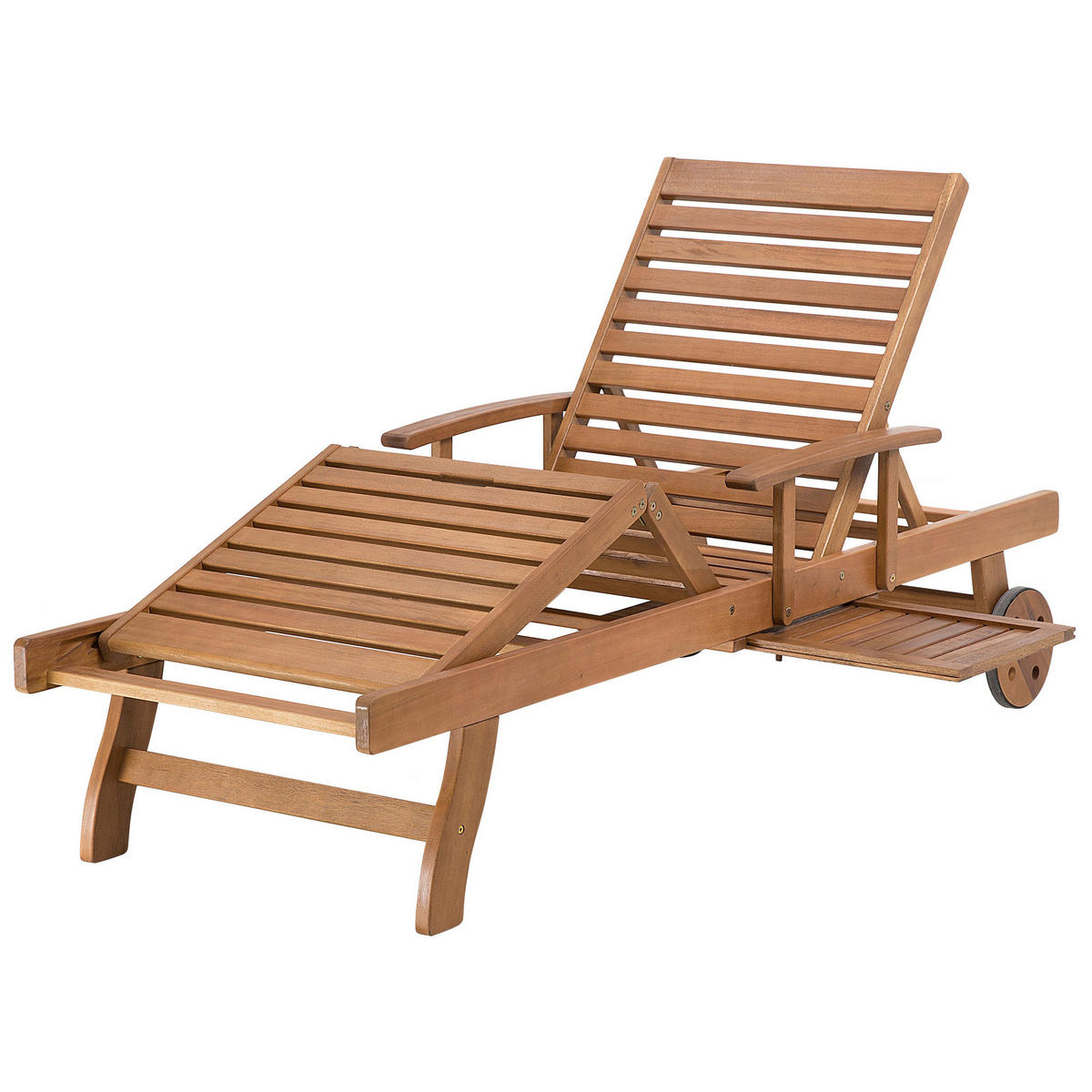 GARTENLIEGE hellbraun Auflage dunkelblau -beige Java - Hellbraun/Beige, Holz (64/74/196cm) - Beliani