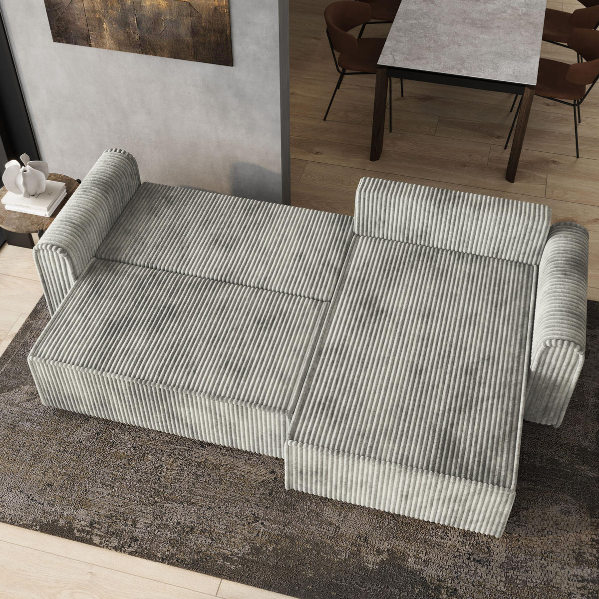 ECKSOFA VALTINO Hellgrau Kordstoff mit Schlaffunktion - Hellgrau, Holz (275/148cm) - MASSENO