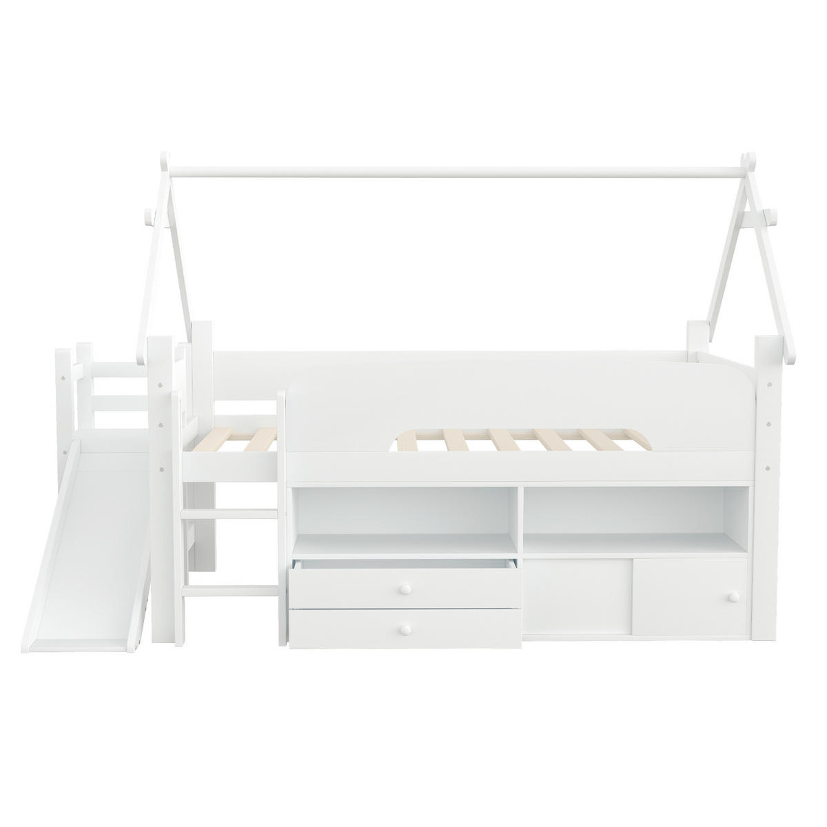 KINDEREINZELBETTEN aus Massivholz 90x200 cm in Weiß mit Rutsche & Stauraum - Weiß, Holz (90/200cm) - Modfu