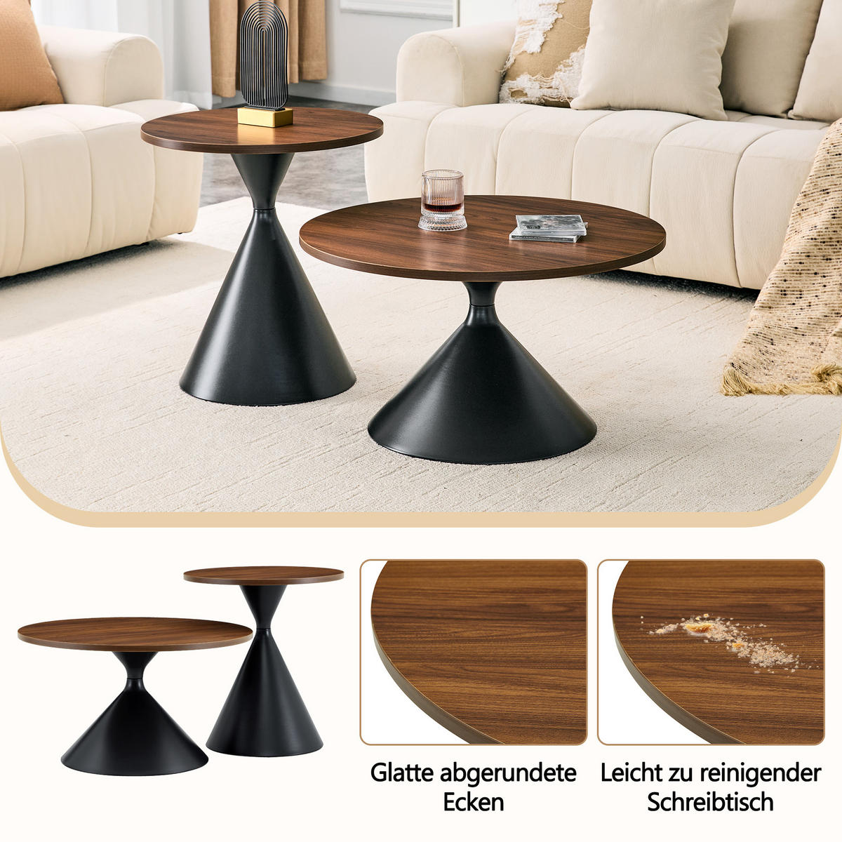 COUCHTISCH-SET DE-37434 2er-Set konusförmig mit Nussbaumoptik Nussbaum/Schwarz - Walnussfarben/Schwarz, Metall (50/50/50cm) - ComfortXL