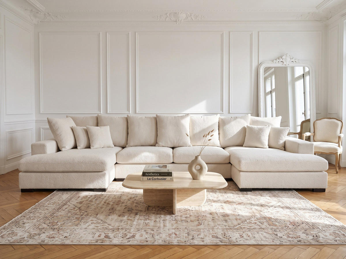 WOHNLANDSCHAFT Dahlia mit Schlaffunktion und Bettkasten in U-Form - Creme Chenille 373/92/155 cm - Creme/Schwarz, Kunststoff/Textil (373/92/155cm) - WFL GROUP
