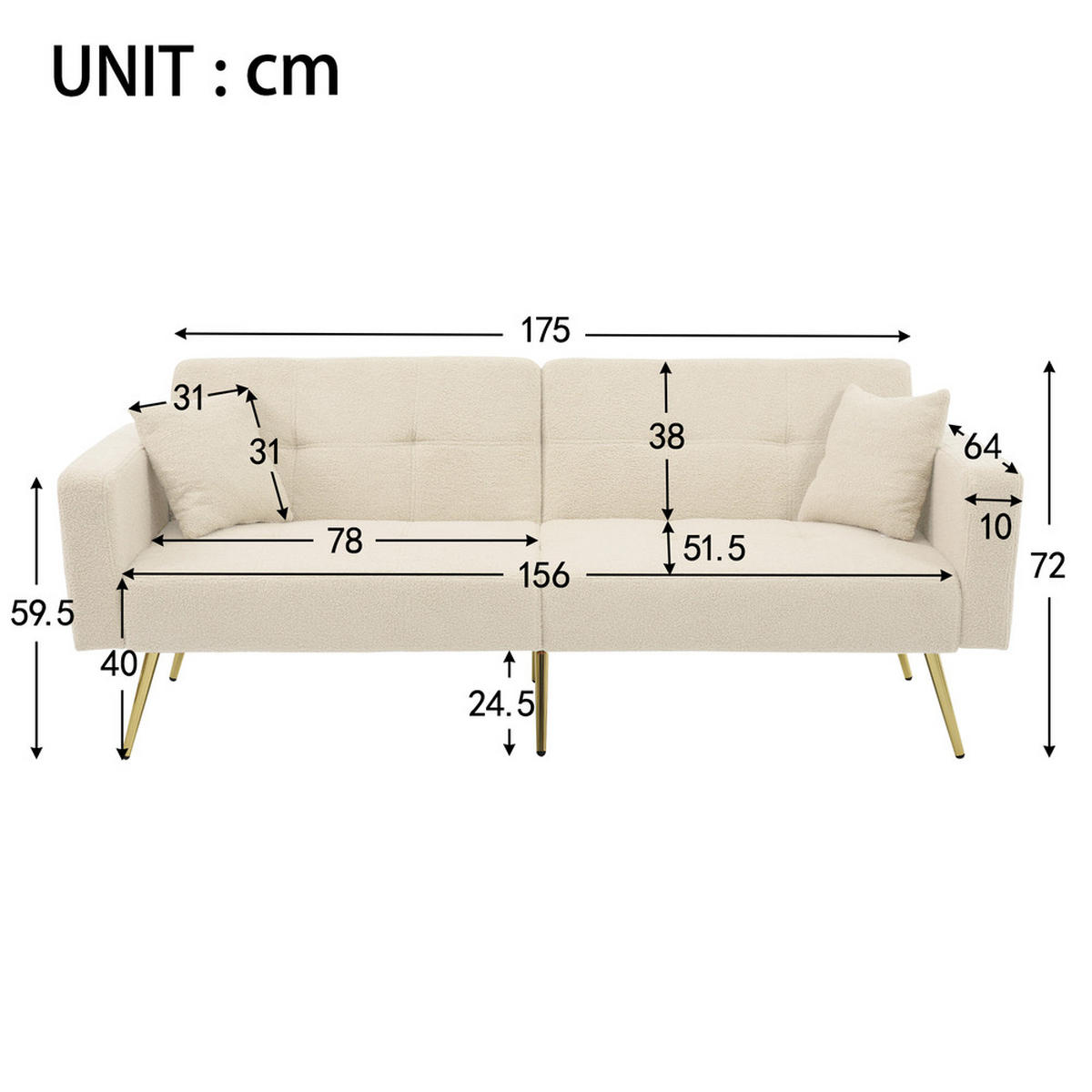 SOFA Schlaffunktion Verstellbar Goldene Beine Aufbewahrungstaschen Kissen - Beige, Holz (90.93/18.42/80.26cm) - FLIEKS