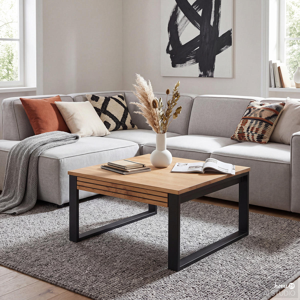MASSIVER COUCHTISCH - Massivholz Eiche / Metall - Eichefarben, Holz/Metall (75/75/42cm) - home24