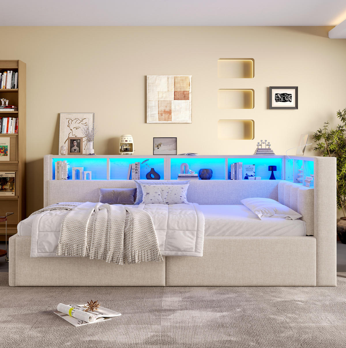 BETT 90/200 cm Beige aus Leinen und MDF mit LED-Beleuchtung und Stauraum - Beige, Textil (90/200cm) - OKMYHOME