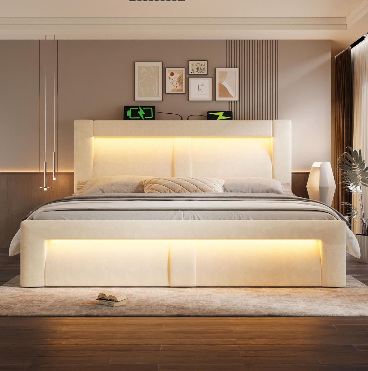 BETT mit Stauraum und LED 160x200 cm Samt Beige - Beige, Metall (160/200cm) - Meubliv