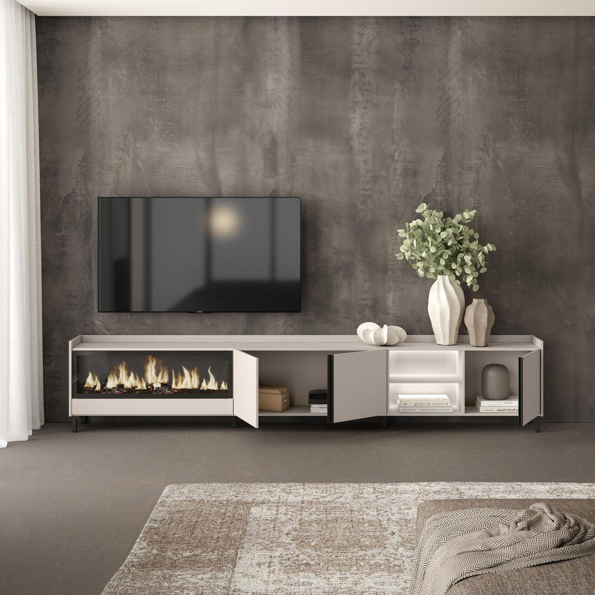 LOWBOARD, Beige, 315/35/61cm, Kamin mit Feuereffekt XXL - Beige, Holzwerkstoff (315/61/35cm) - Skraut Home