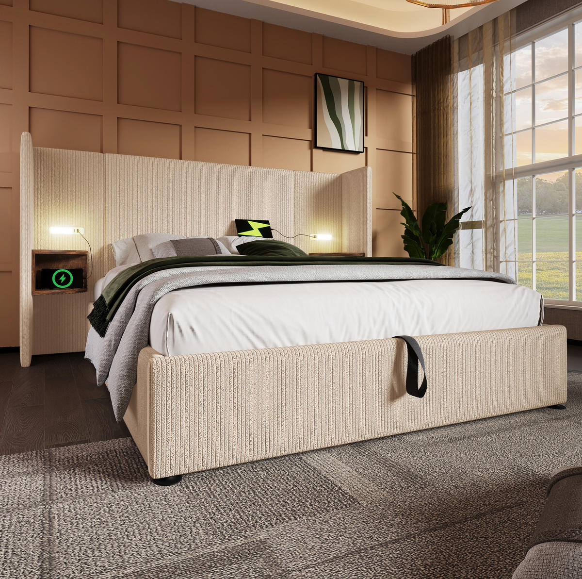 POLSTERBETT 160/200 cm Beige-Weiß mit Stauraum und Leselampe aus Cordstoff - Weiß, Textil (160/200cm) - OKWISH