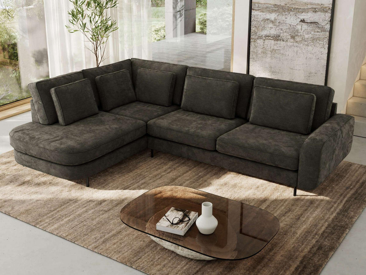 ROHOVÁ SEDAČKA CALENO L - Tmavě šedá Hrubě tkaná žinylka - Pravá Strana - černá/tmavě šedá, kov/textil (317/225cm) - MKS