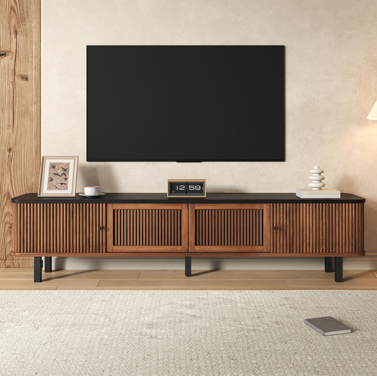 LOWBOARD 190/35/45 cm aus MDF und Holzwerkstoff mit Schiebetüren und Gitterfront Nussbaum - Braun, Holzwerkstoff (190/45/35cm) - Modenvie