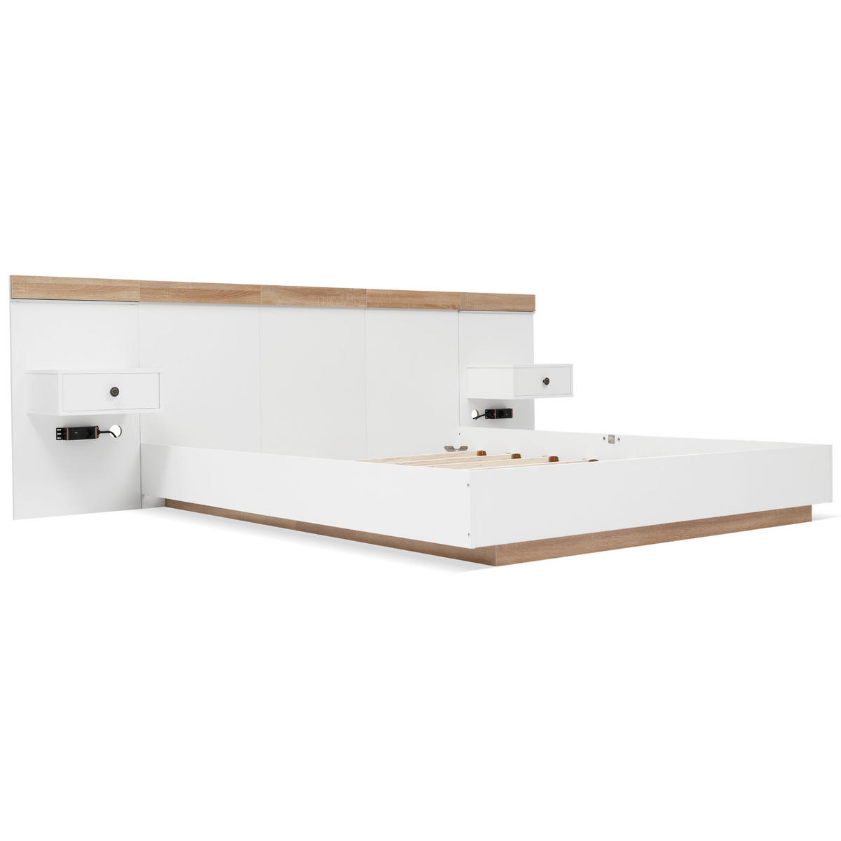 BETT mit 2 LED-Nachtkommoden 140x200 cm Holzwerkstoff Sonoma-Eiche/Weiß 3-tlg. - Weiß, Holz (140/200cm) - Meubliv