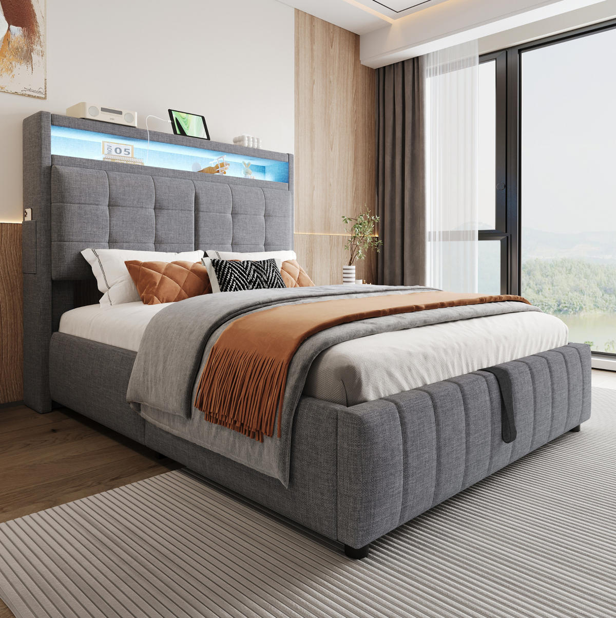 POLSTERBETT 140/200 cm grau mit LED-Beleuchtung und USB-Steckdose, Kopfteil mit Ablagen - Grau, Textil (140/200cm) - OKWISH