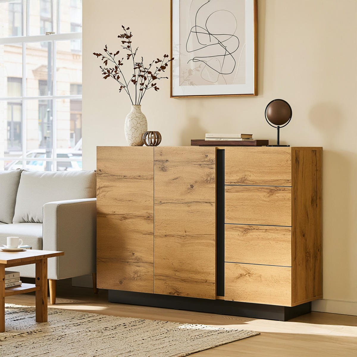 SIDEBOARD 120 cm přírodní dřevo a černá se 4 zásuvkami a 2 dvířky v moderním stylu - přírodní, kompozitní dřevo (120/90.5/35.5cm) - Urban Meuble