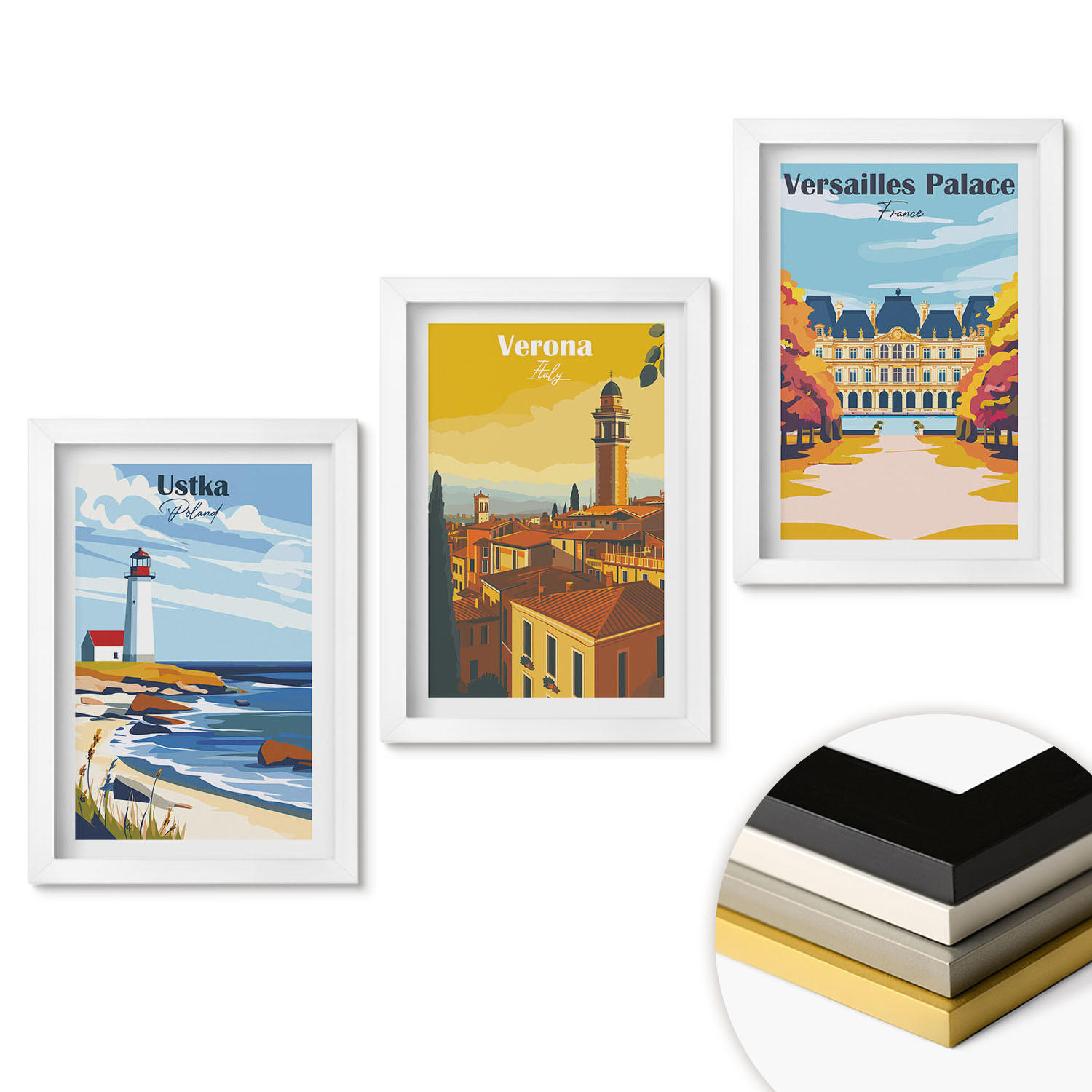 WANDBILDER 3er-Set - 20x30 cm Weißer Rahmen - Ansichten von Orten am Meer und von Städten - Weiß, Kunststoff (20/30cm) - ArtPrintCave