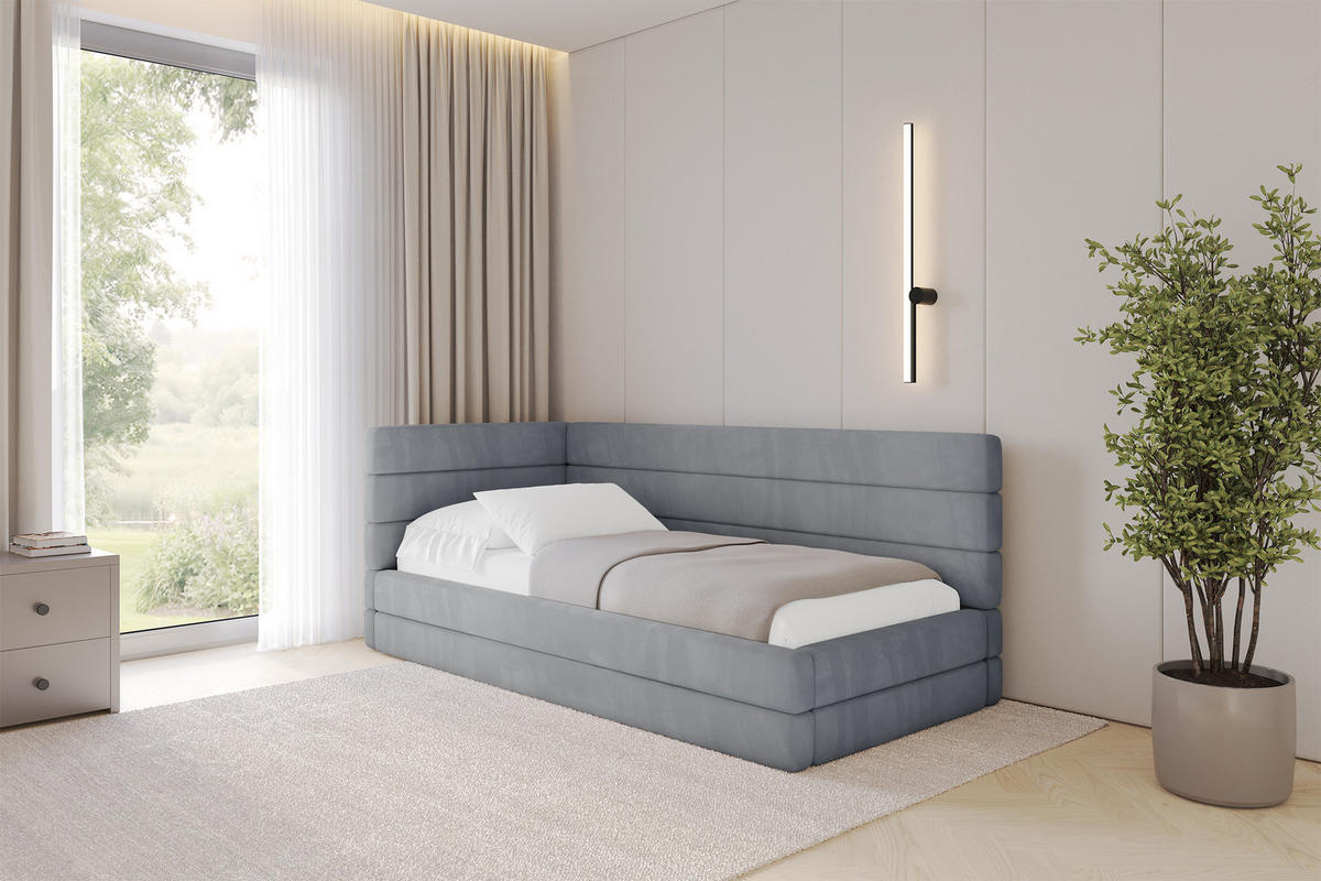 EINZELLBETT Jugendbett mit Bettkasten, Rechts - BEMY 90x200 Grau - Blaugrau, Holzwerkstoff/Textil (90/200cm) - ALTDECOR