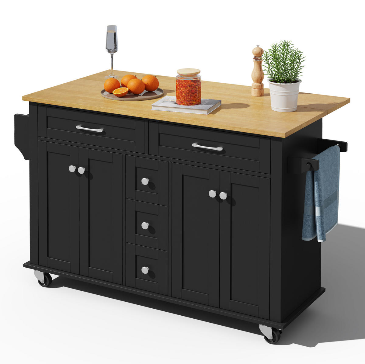KÜCHENWAGEN 140/40/89 cm in Schwarz/Natur mit Klappplatte und 5 Schubladen - Schwarz, Holzwerkstoff (140/89/65cm) - Flora Grace