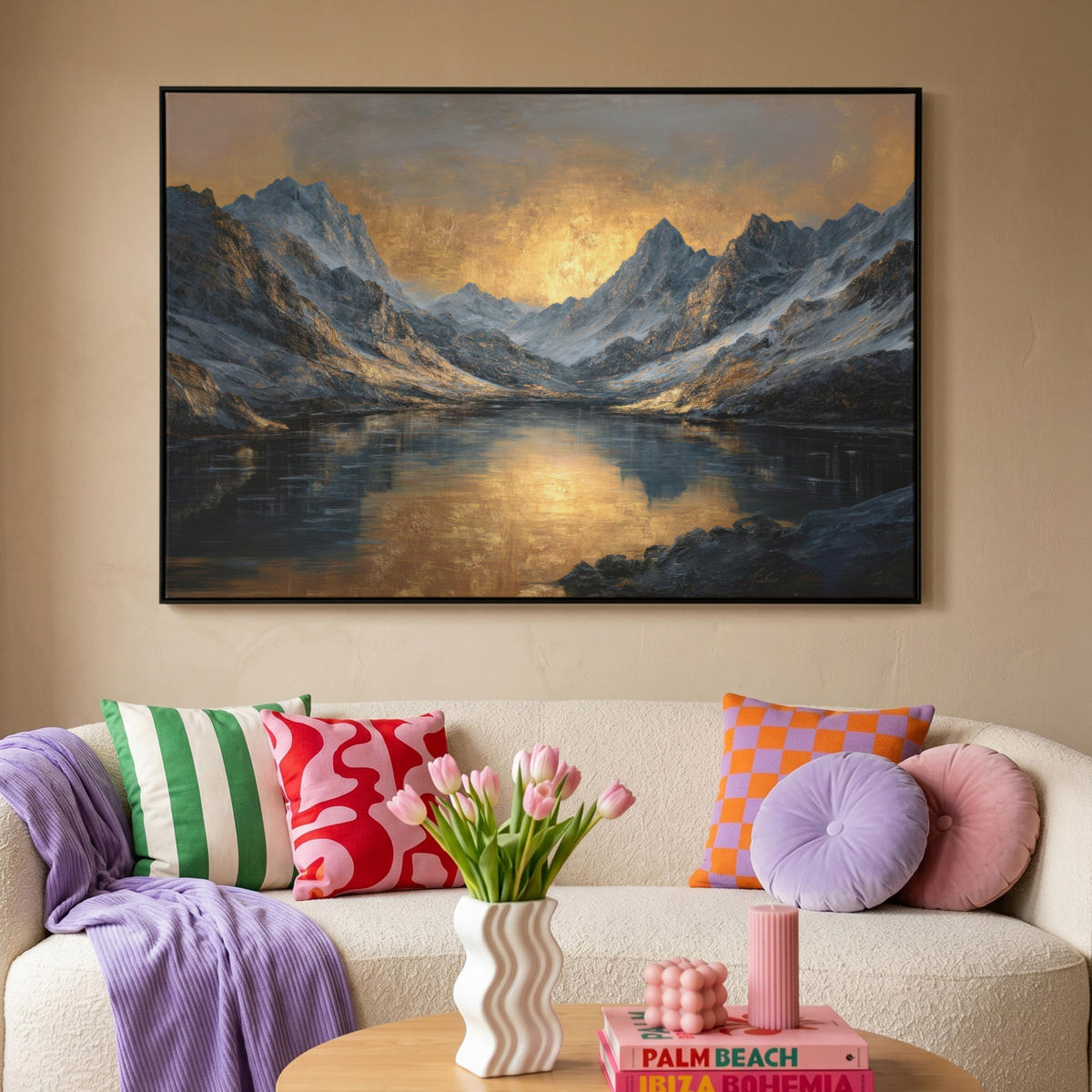 LEINWAND Bilder mit Rahmen - Bergkulisse mit goldenem Sonnenuntergang - 150x100 - Goldfarben, Textil (150/100cm) - MuchoWow