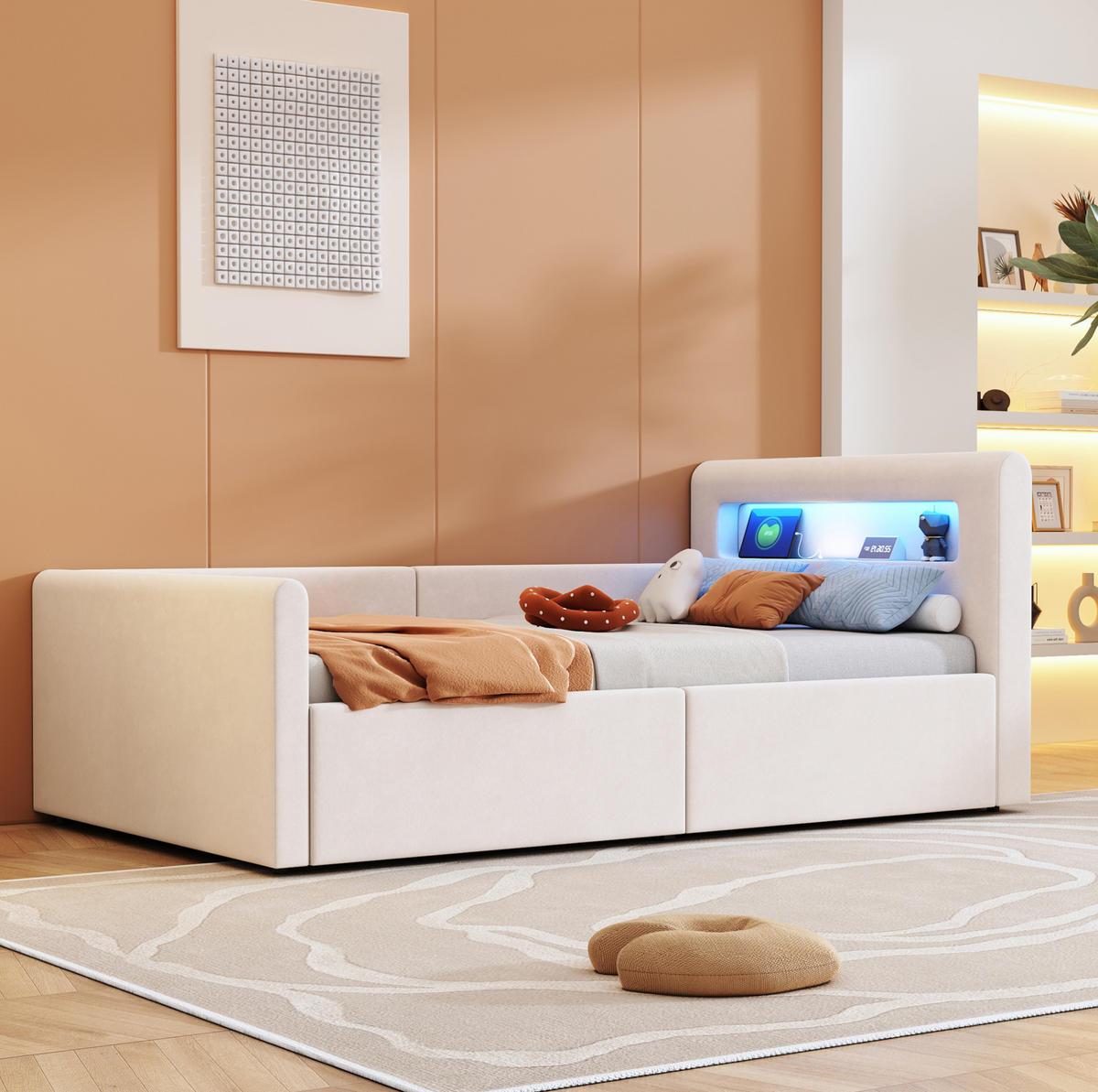 POLSTERBETT 90/200 cm Beige mit Stauraum, LED-Beleuchtung und USB-Anschluss - Beige, Textil (90/200cm) - Flora Grace