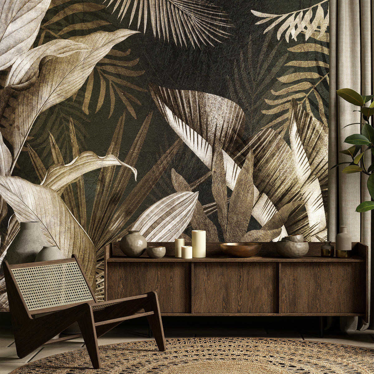 FOTOTAPETE tropische Blätter Pflanzen Retro 250x175 - Beige/Grau, Papier (250/175cm) - Muralo