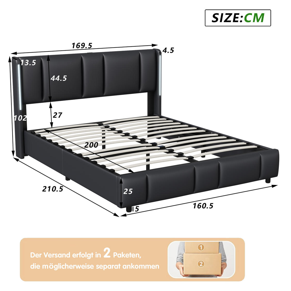 POLSTERBETT 160x200 mit LED, USB/Type-C, Stauraum & Lattenrost, schwarz - Schwarz, Textil/Metall (160/200cm)