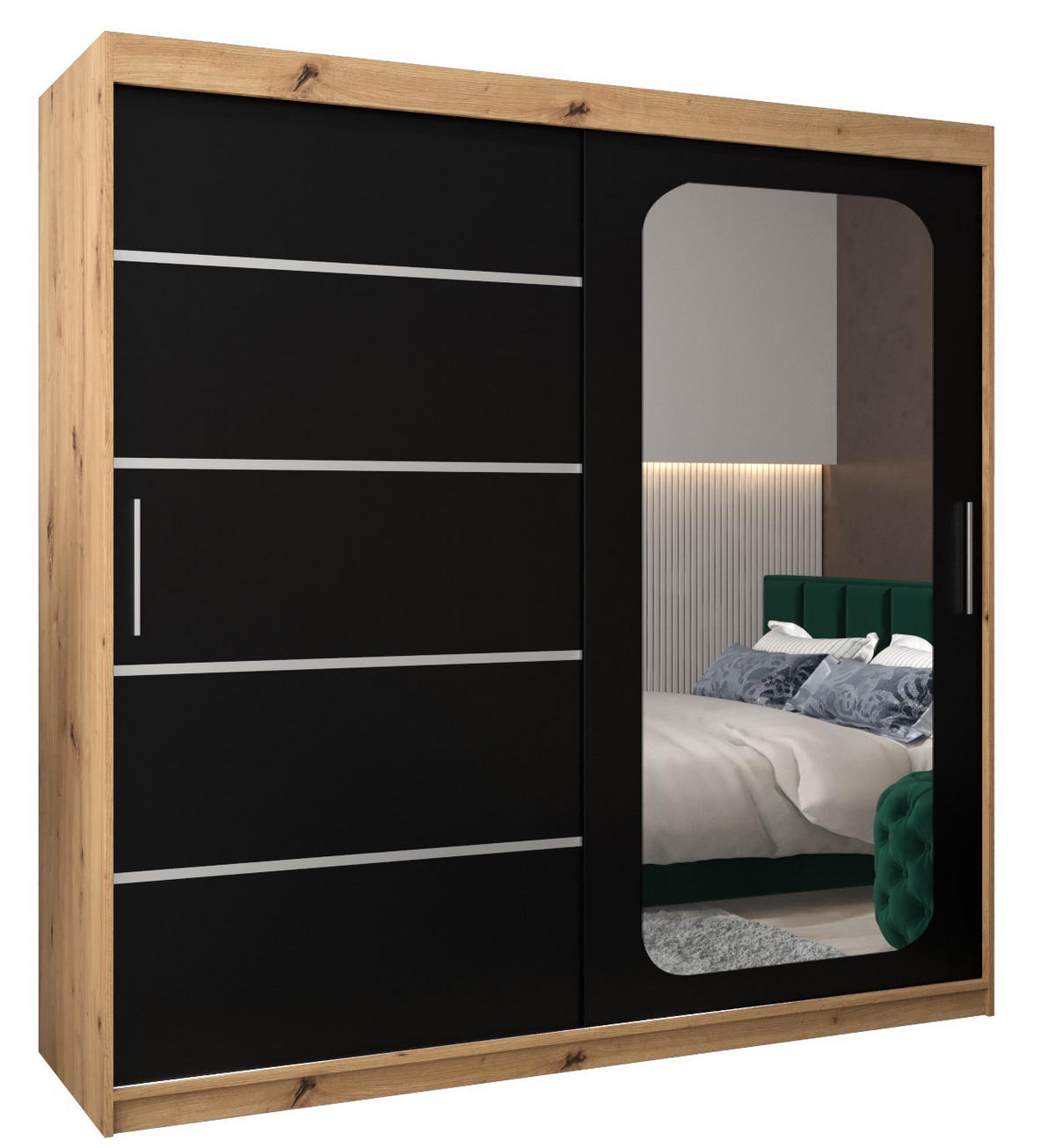 SCHWEBETÜRENSCHRANK 200/200/62 2-türig - Silberfarben/Schwarz, Holz/Kunststoff (200/200/62cm) - Abiks Möbel