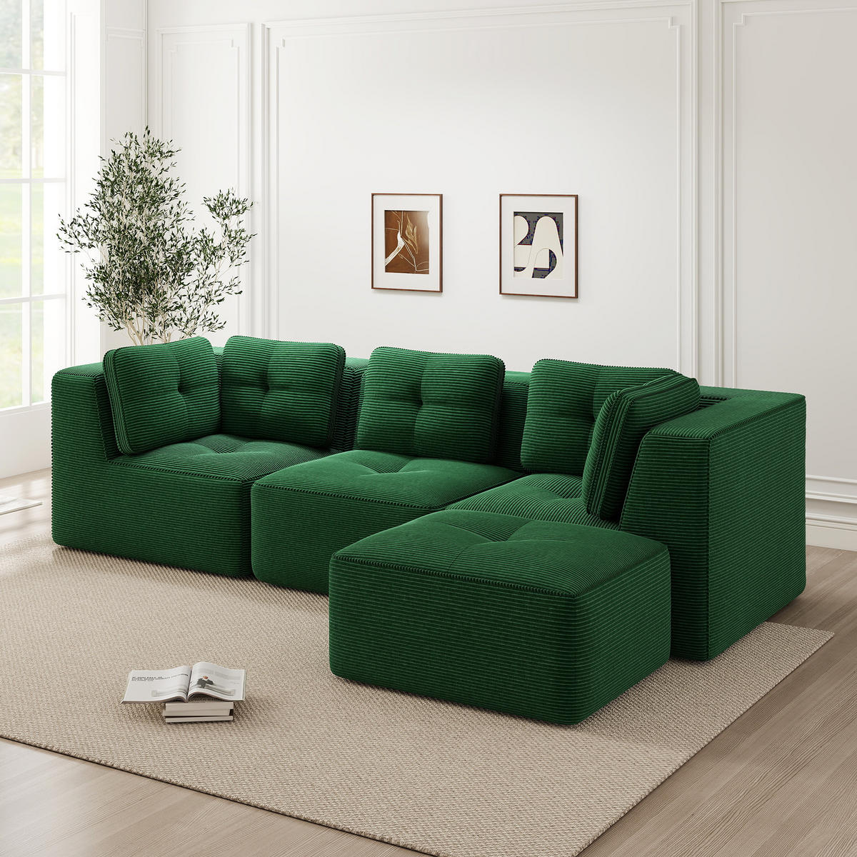 3-SITZER Sofa 297x177x69 cm aus Cordstoff rahmenlos modular mit Ottoman, grün - Grün, Textil (177/69/297cm)