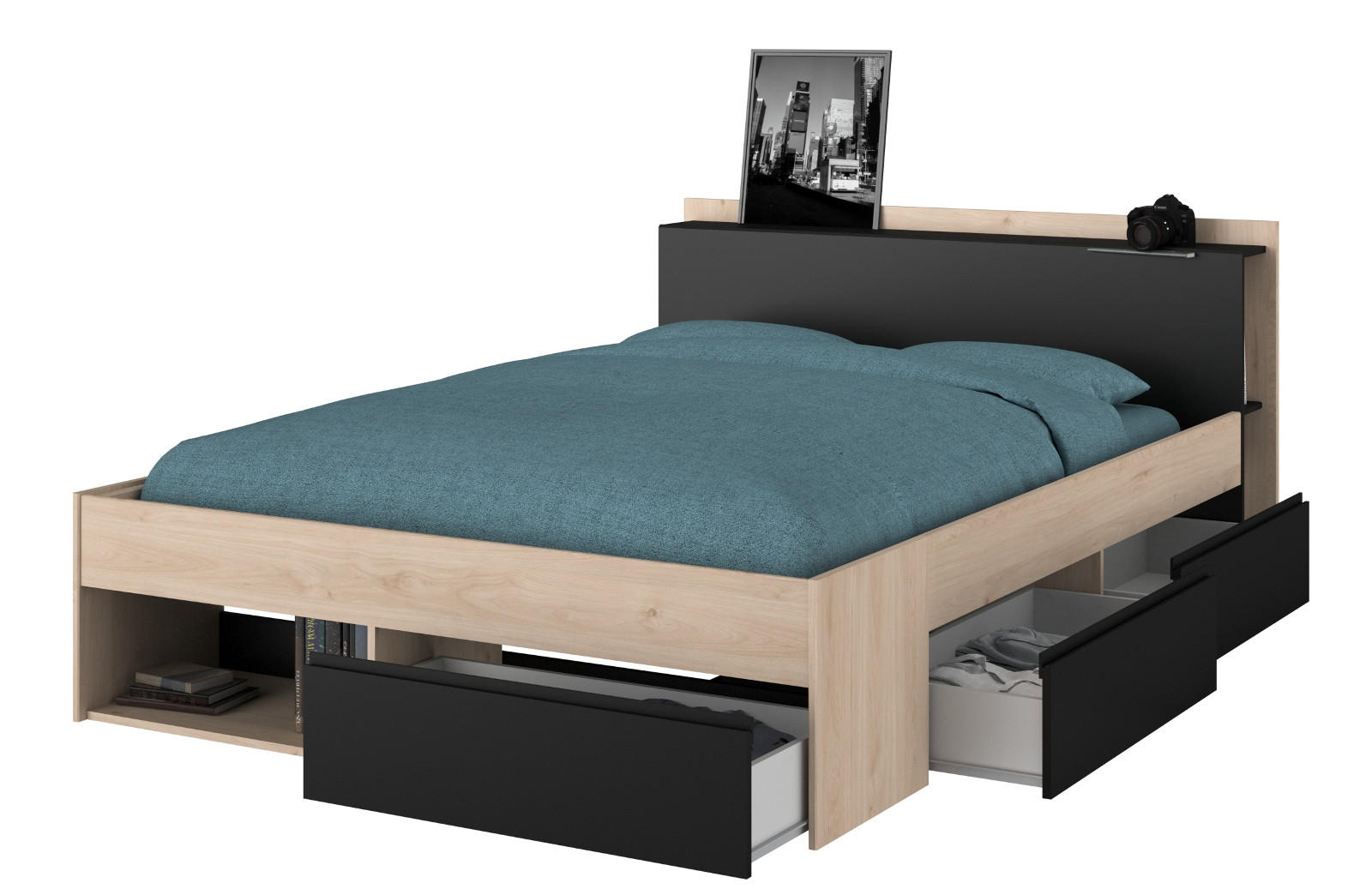 BETT mit Regal und 3 x Schubkasten Stauraumbett 140 x 200 cm - Eichefarben/Schwarz, Holz/Holzwerkstoff (140/200cm) - Parisot Meuble