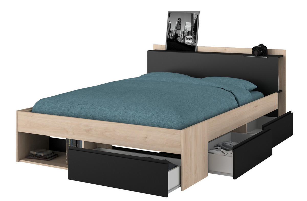 BETT mit Regal und 3 x Schubkasten Stauraumbett 140 x 200 cm - Eichefarben/Schwarz, Holz/Holzwerkstoff (140/200cm) - Parisot Meuble