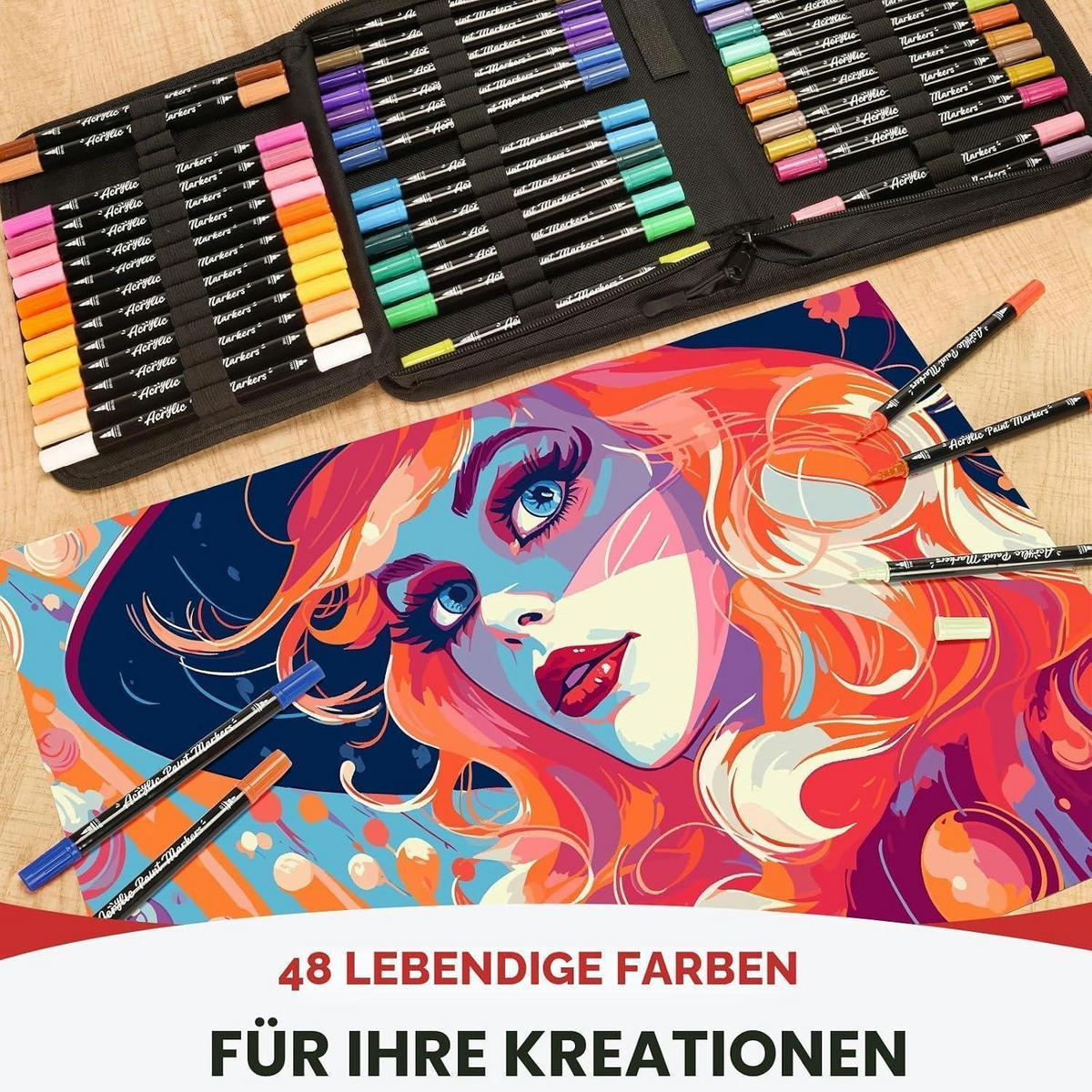 ACRYLSTIFTE 48 Farben Set Doppelspitze Wasserfest für Steine Glas Holz Stoff - Multicolor, Kunststoff (10/10/16cm)