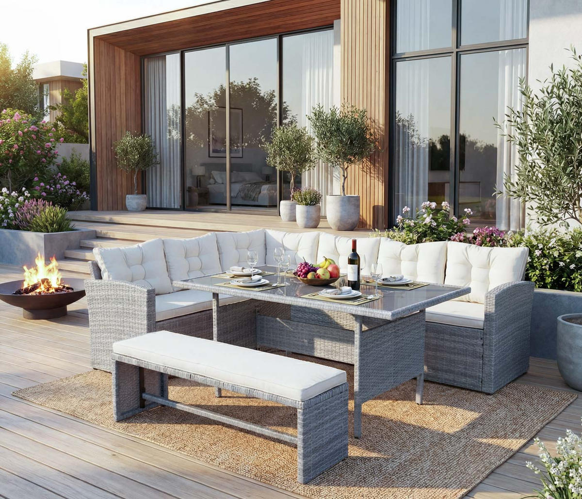 POLY-RATTAN-GARNITUR Hellgrau - Hellgrau, Kunststoff - MCW