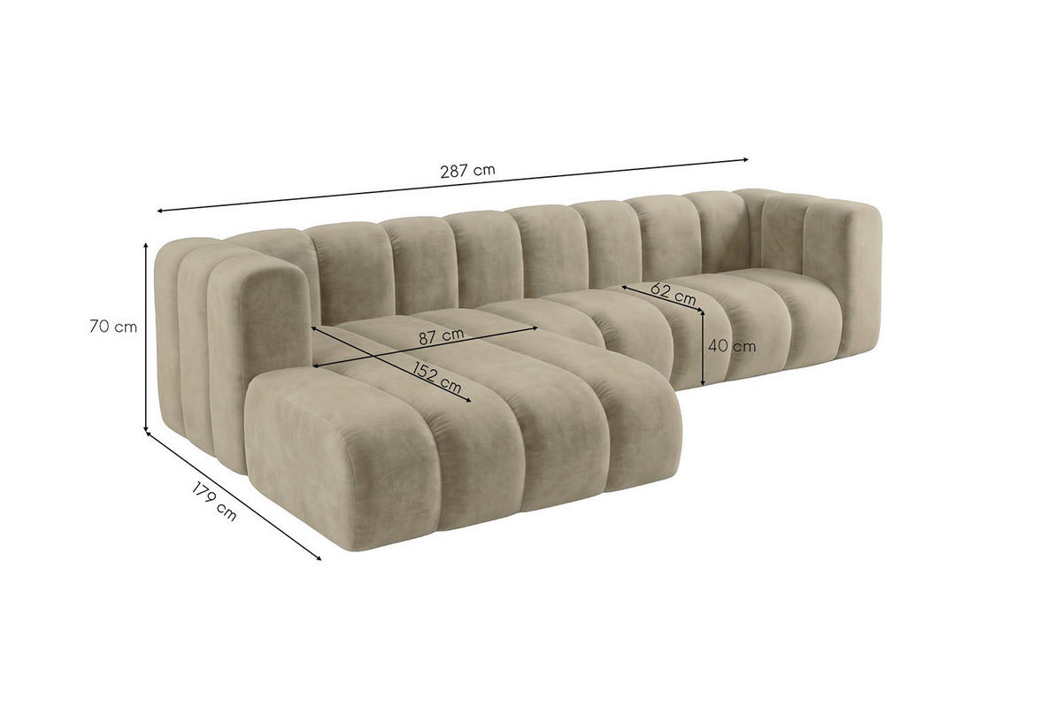 ECKSOFA Modulares In L-Form, Velvet-Stoff Riviera, Beige, Links, GRAND 287 cm - Beige, Holz (287/179cm) - Kaiser Möbel