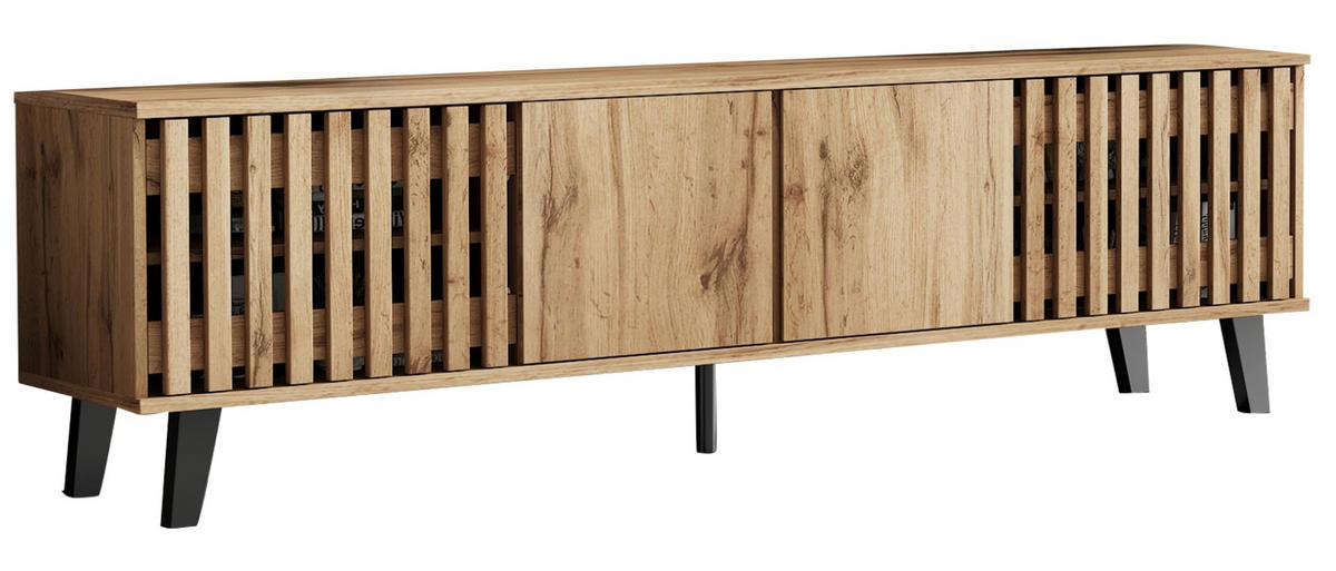TV stolek 180/40/55 cm přírodní z dřevotřísky s úložnými přihrádkami a dvířky - světle hnědá, kompozitní dřevo (180/55/40cm) - OKWISH